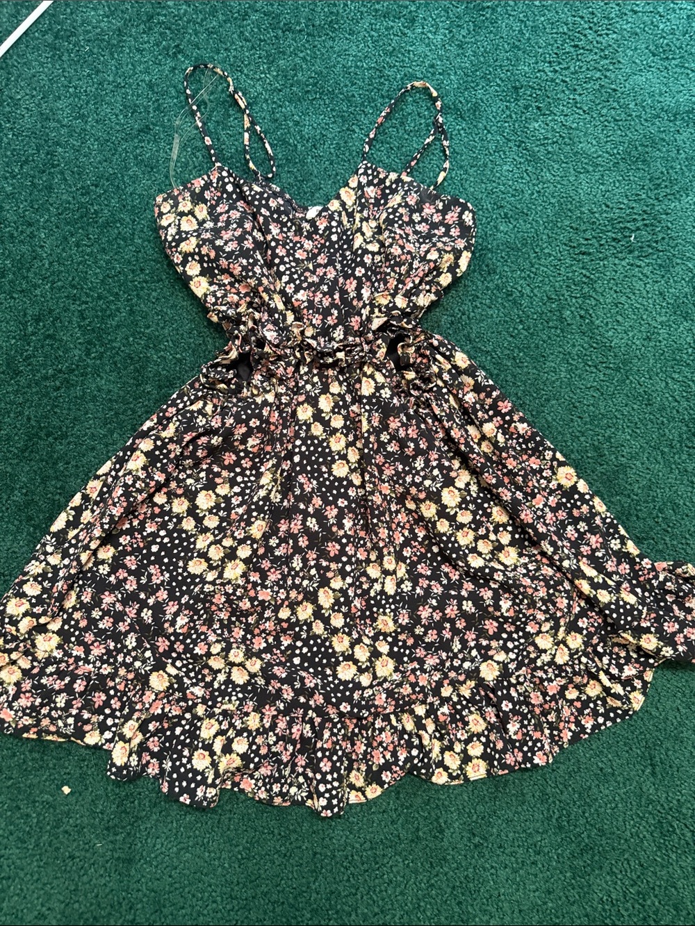 privy Black Floral Ruffle Dress with Yellow & Pink Blooms sides are cut out